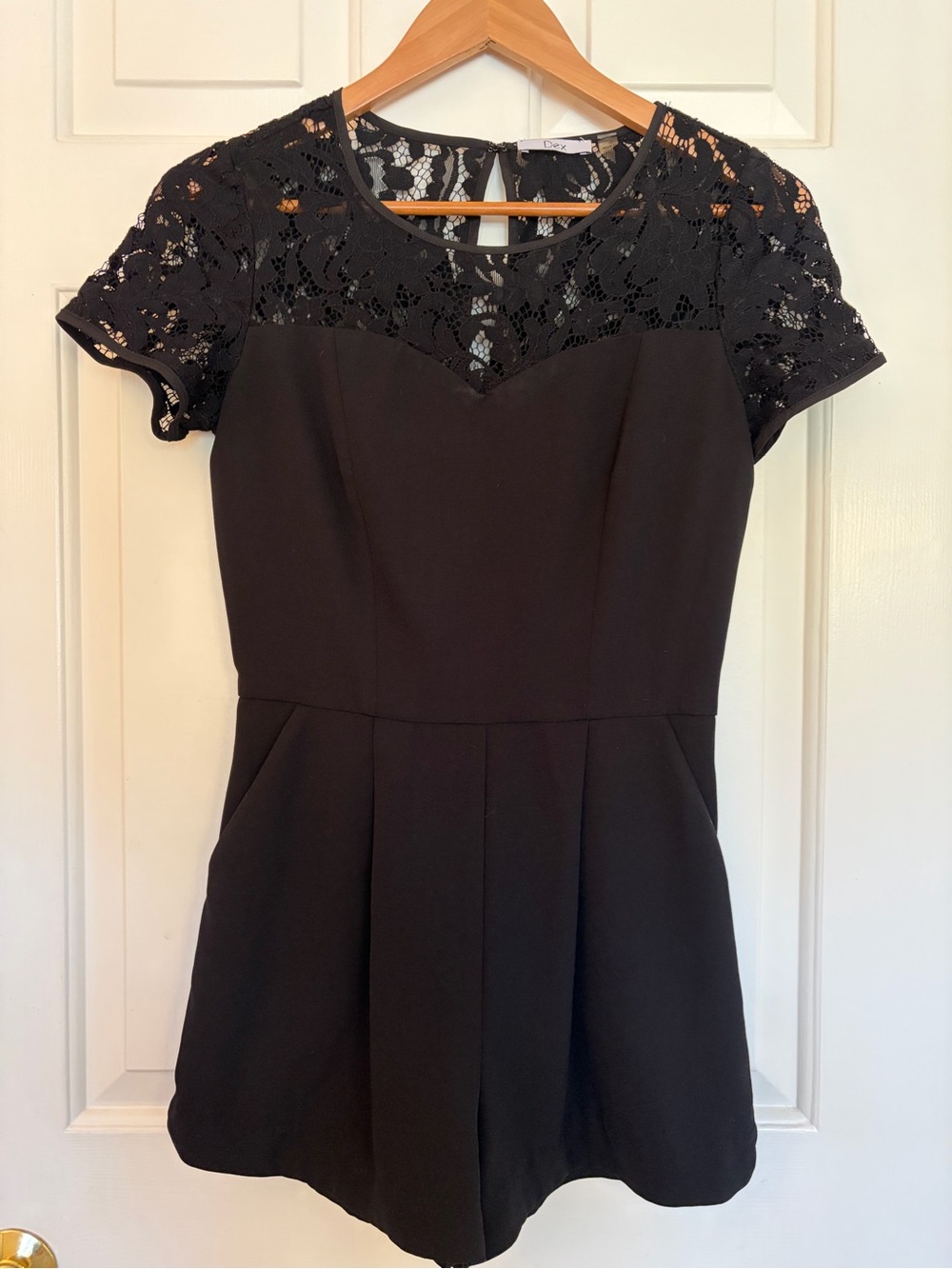 Dex Black Structured Lace Romper Playsuit with Pockets XS
